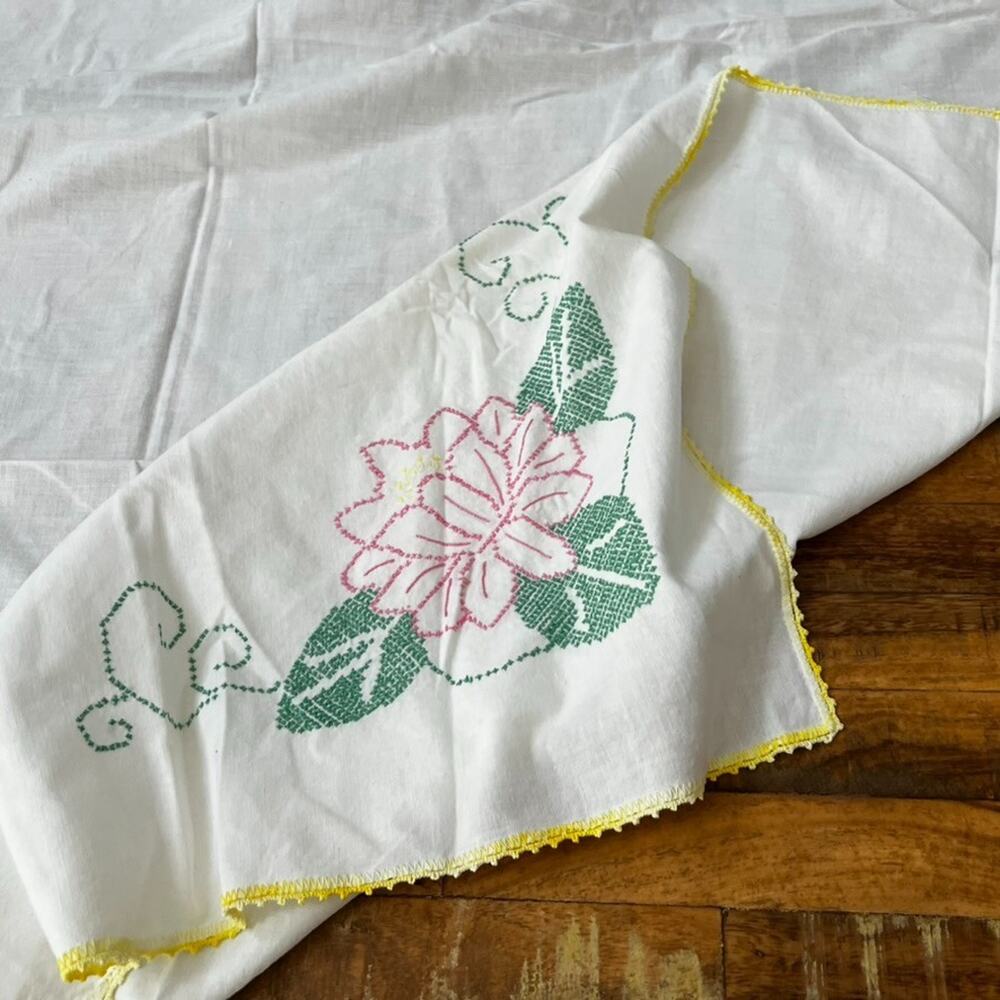 Handmade Table Cloth Criss Cross Stitch 51.5 x 52.5" Embroidered Crochet